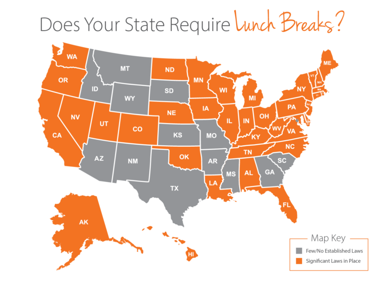 US map showing which states have lunch break laws