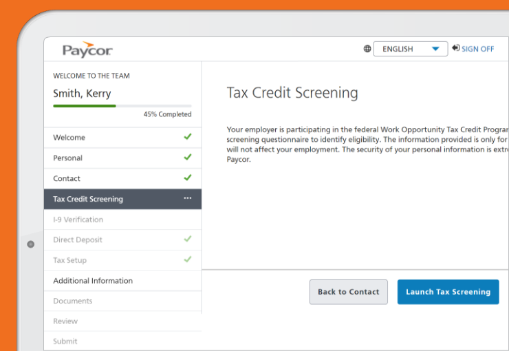 paycor onboarding product showing tax credit screening feature