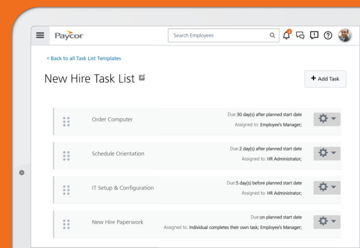 paycor onboarding product showing new hire task list feature