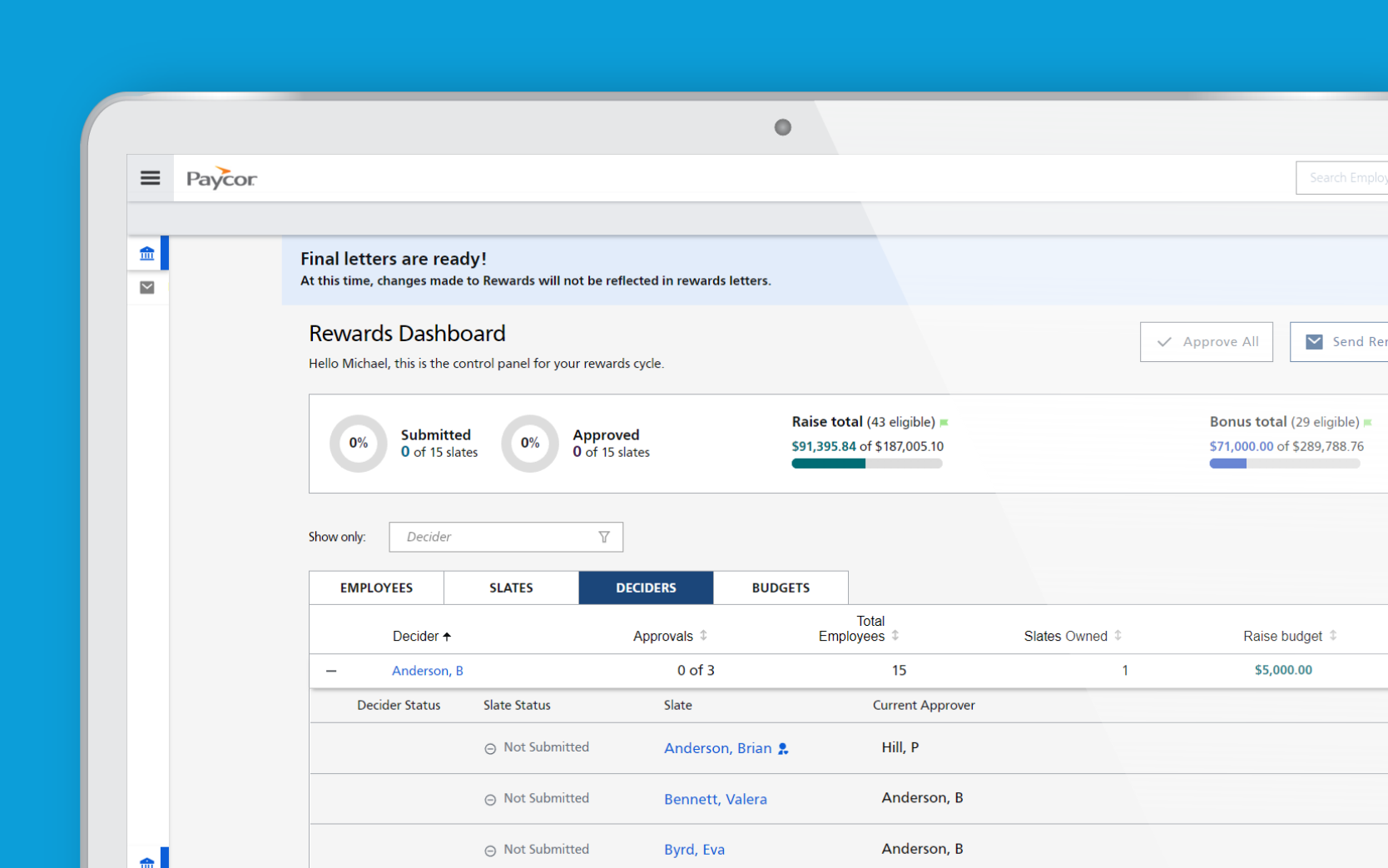 Paycor compensation management interface example