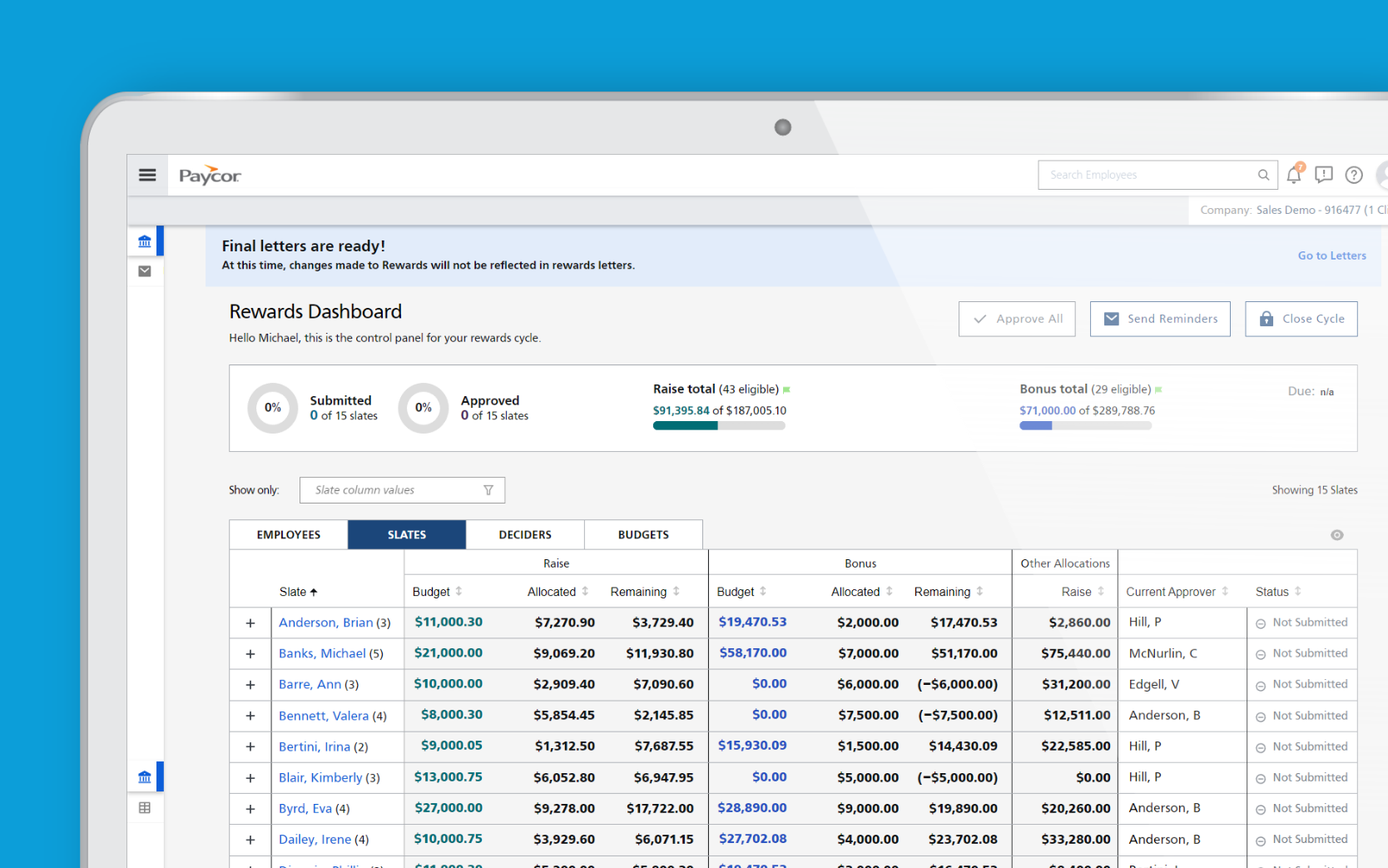 Paycor compensation management interface example