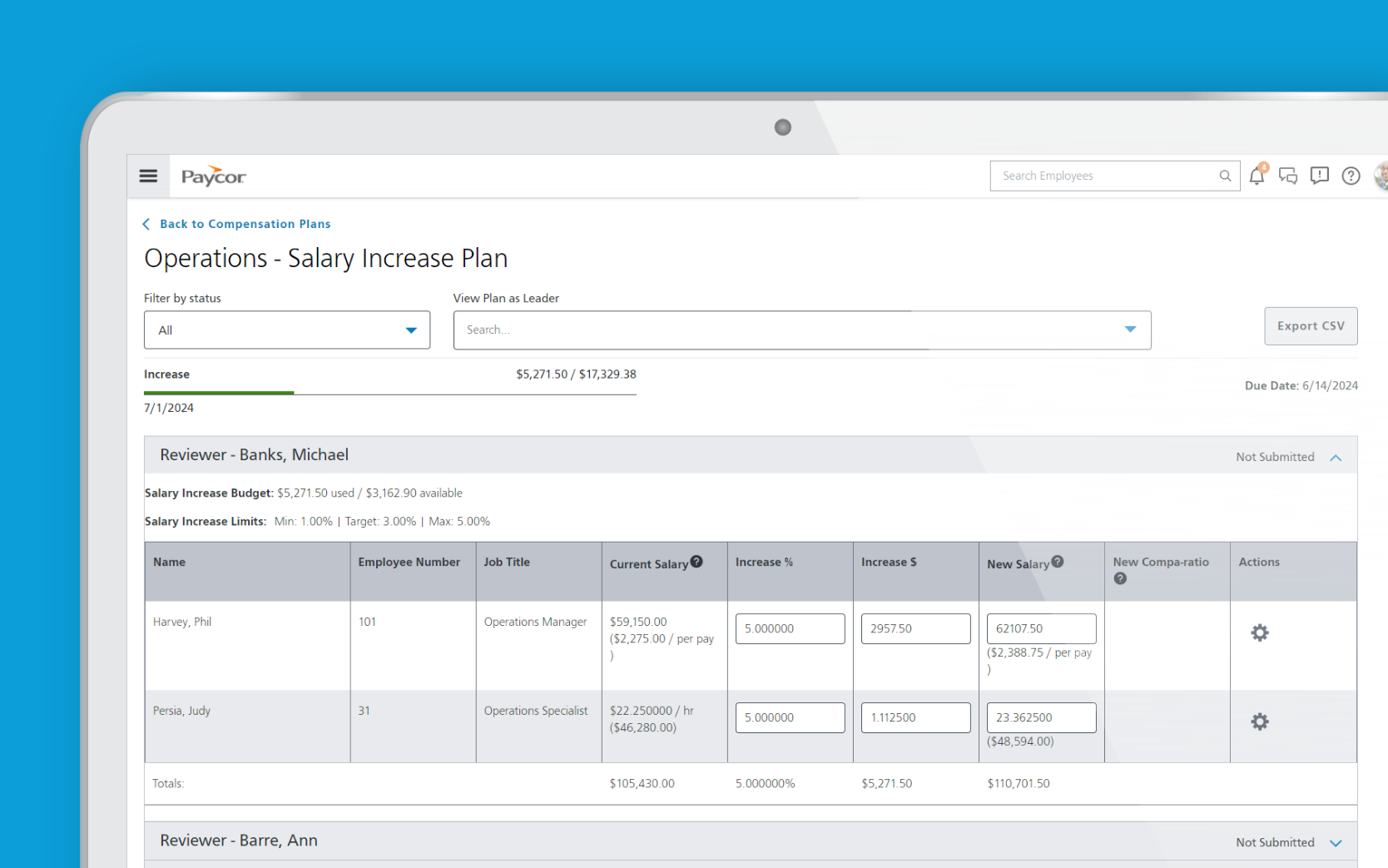 Paycor compensation management interface example