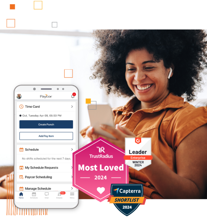 Paycor product example on mobile phone with field for a company's logo, alongside badges won from g2, capterra, and trustradius