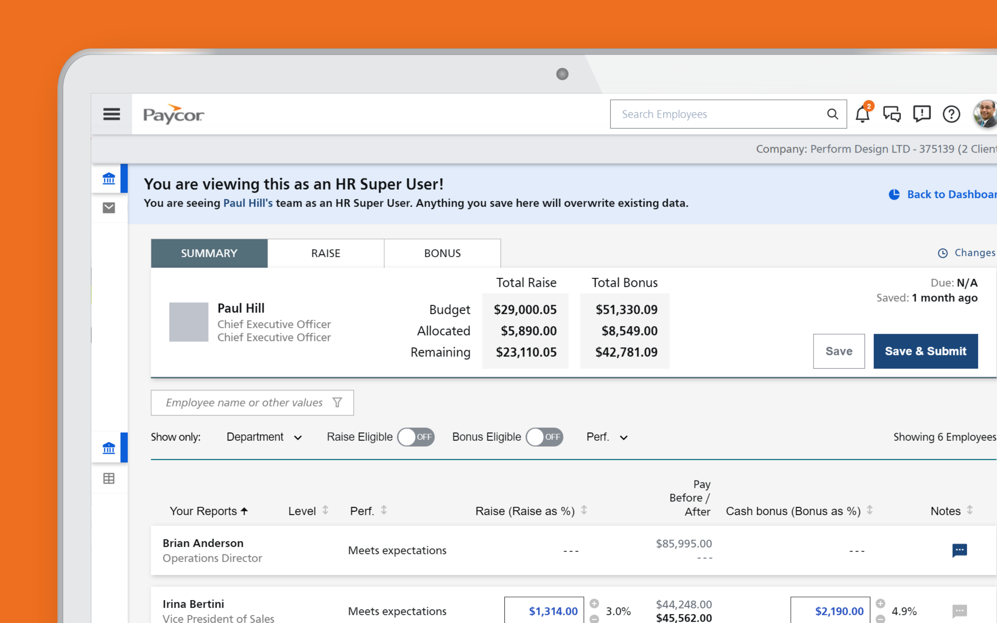 Desktop interface displaying Paycor's compensation planning feature of benchmarking slate