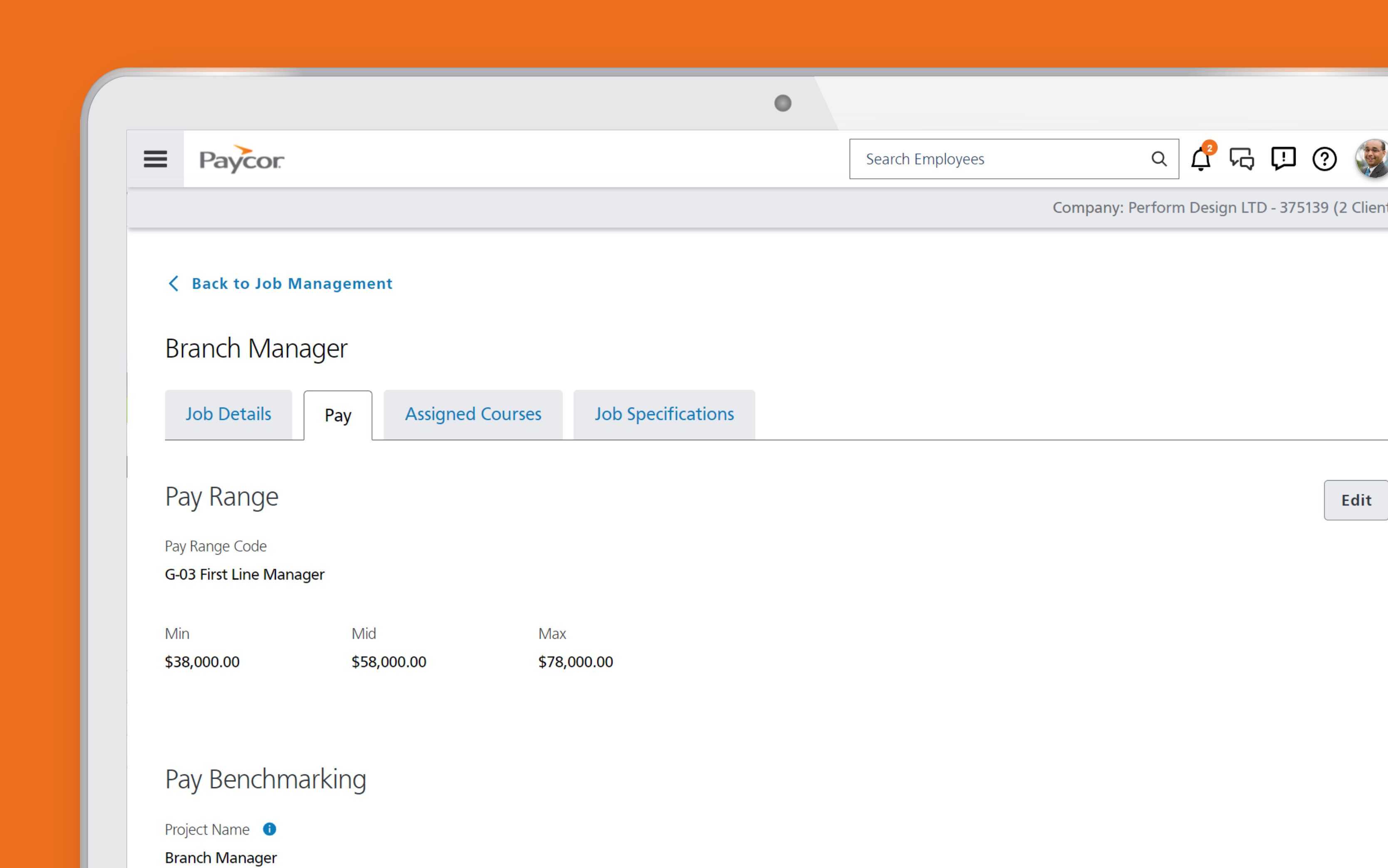 Desktop interface displaying Paycor's compensation planning feature of job management