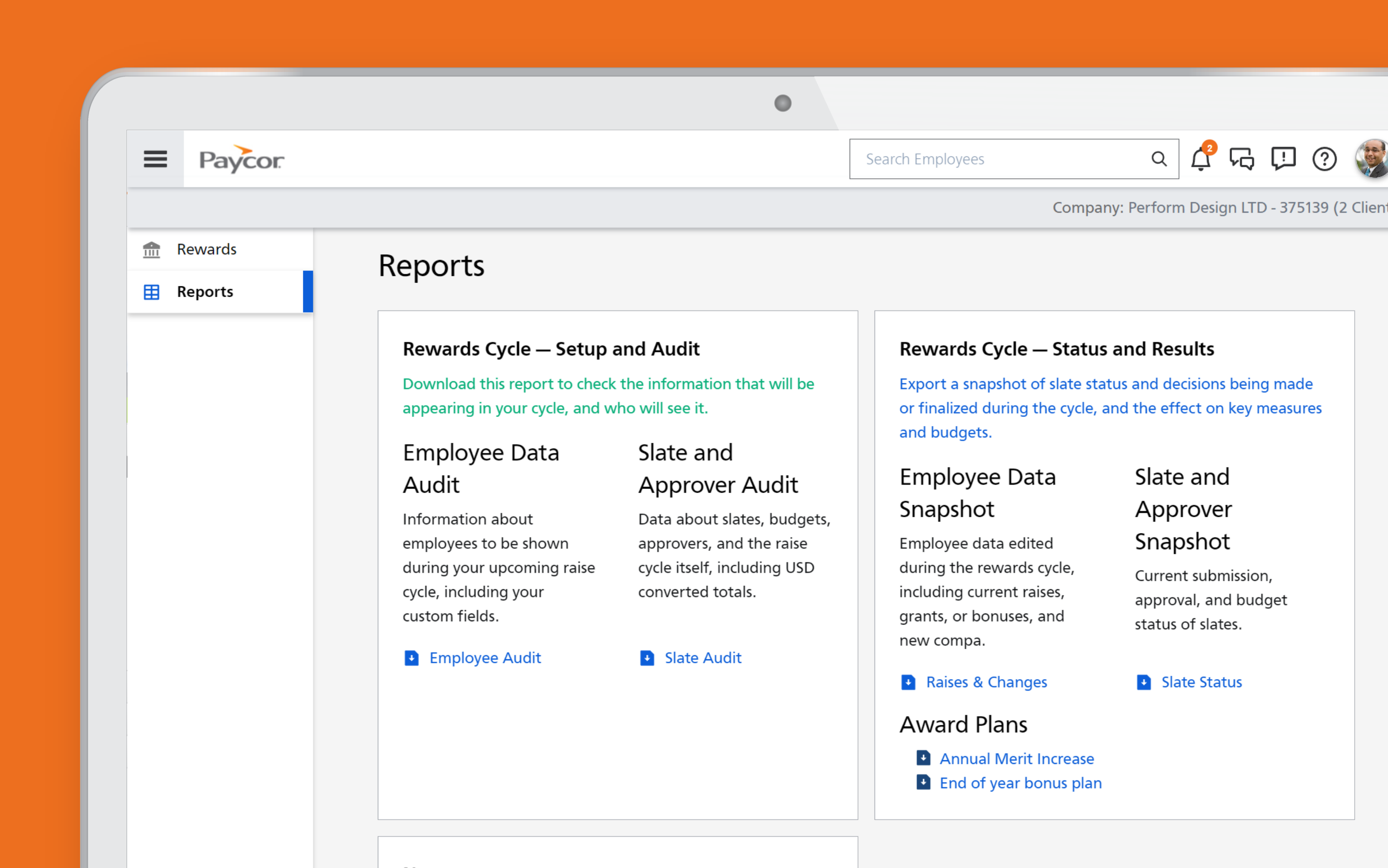 Desktop interface displaying Paycor's compensation planning feature of management reports