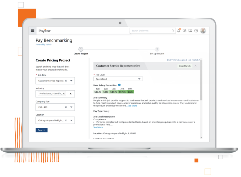 Desktop interface displaying Paycor's compensation planning feature of pay benchmarking